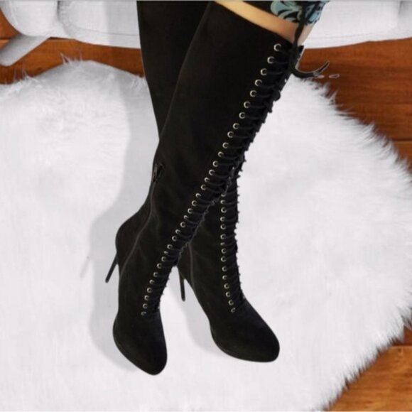 Black Eyelet Lace Up Platform Suedette Boots - Picture 6 of 16